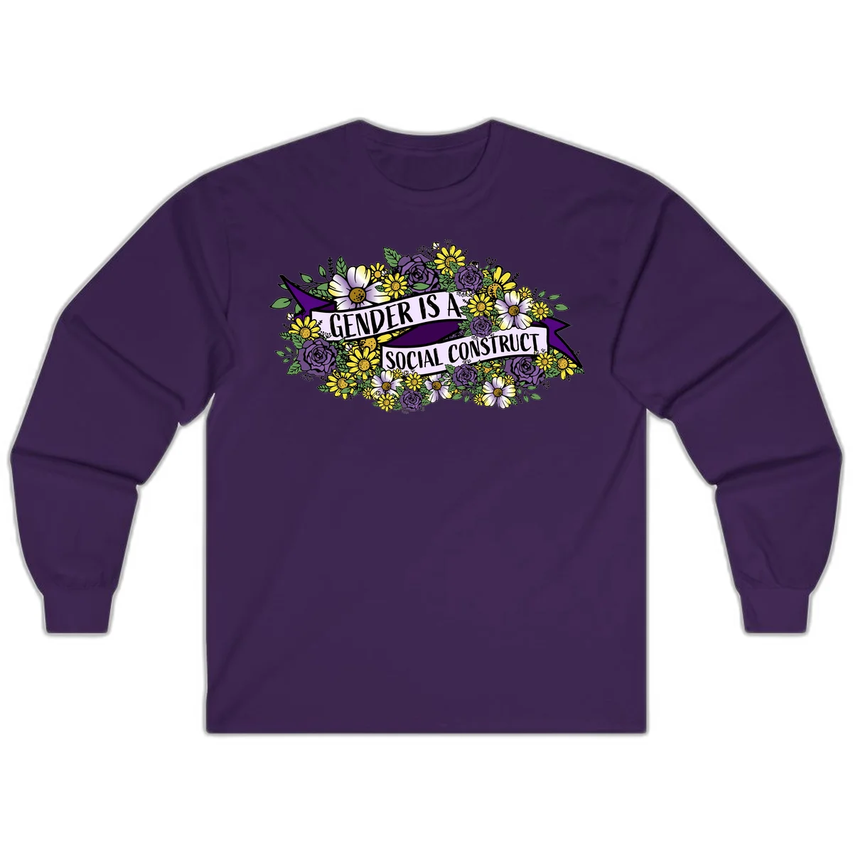 Colorful floral illustration with purple roses and yellow daisies surrounding a banner reading 'Gender Is A Social Construct' in bold text. in Purple