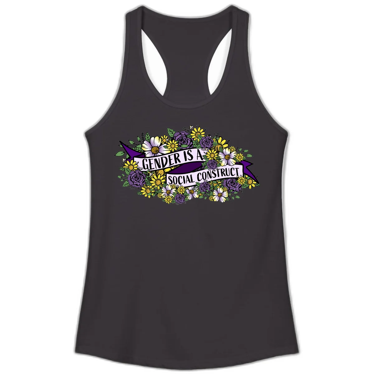 Colorful floral illustration with purple roses and yellow daisies surrounding a banner reading 'Gender Is A Social Construct' in bold text. in Black