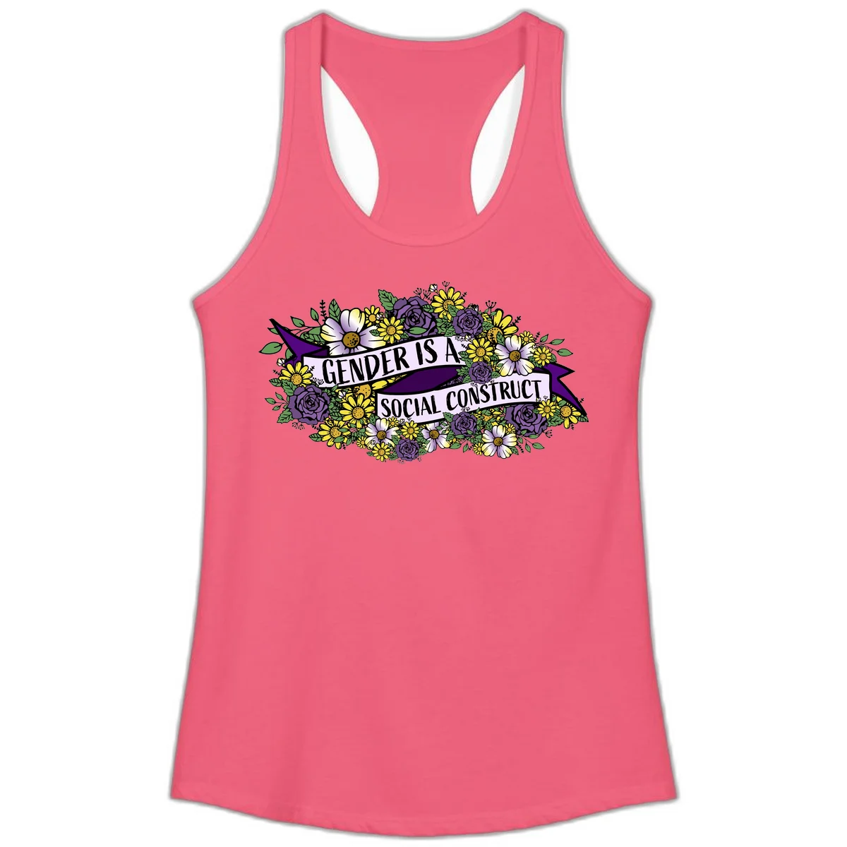 Colorful floral illustration with purple roses and yellow daisies surrounding a banner reading 'Gender Is A Social Construct' in bold text. in Hot Pink