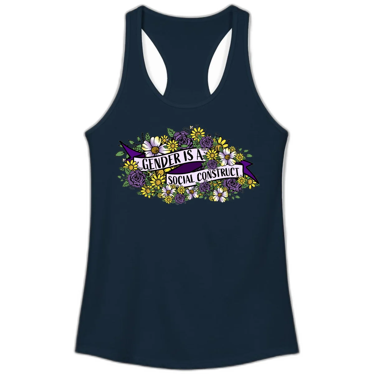 Colorful floral illustration with purple roses and yellow daisies surrounding a banner reading 'Gender Is A Social Construct' in bold text. in Solid Midnight Navy