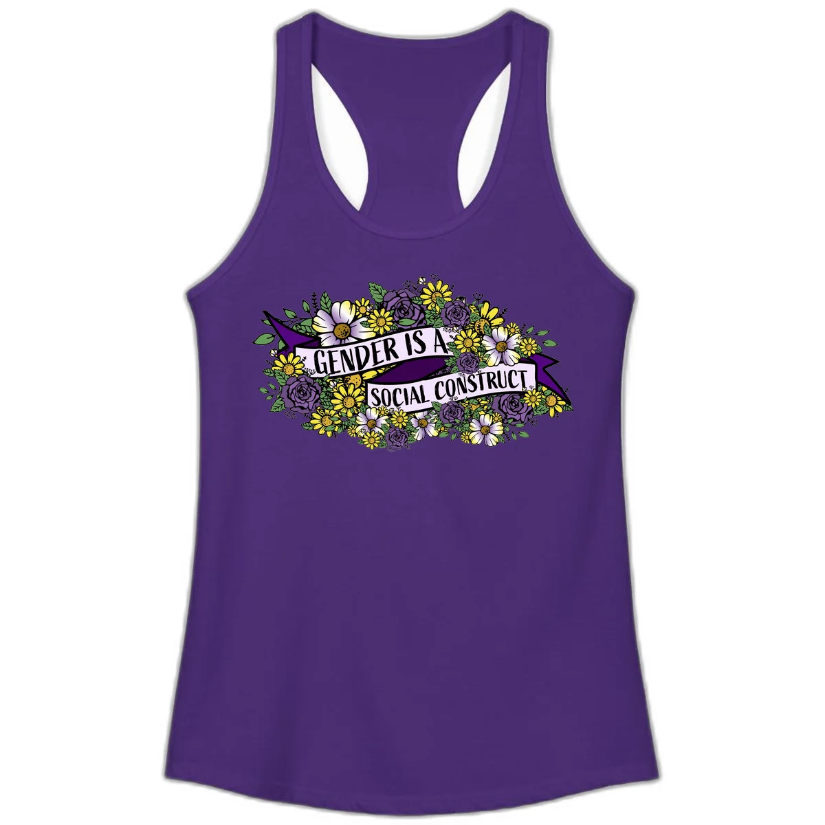 Colorful floral illustration with purple roses and yellow daisies surrounding a banner reading 'Gender Is A Social Construct' in bold text. in Solid Purple Rush