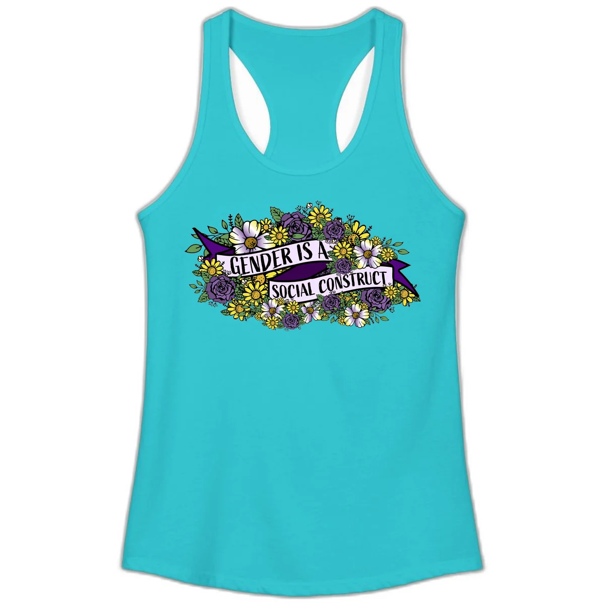 Colorful floral illustration with purple roses and yellow daisies surrounding a banner reading 'Gender Is A Social Construct' in bold text. in Solid Tahiti Blue