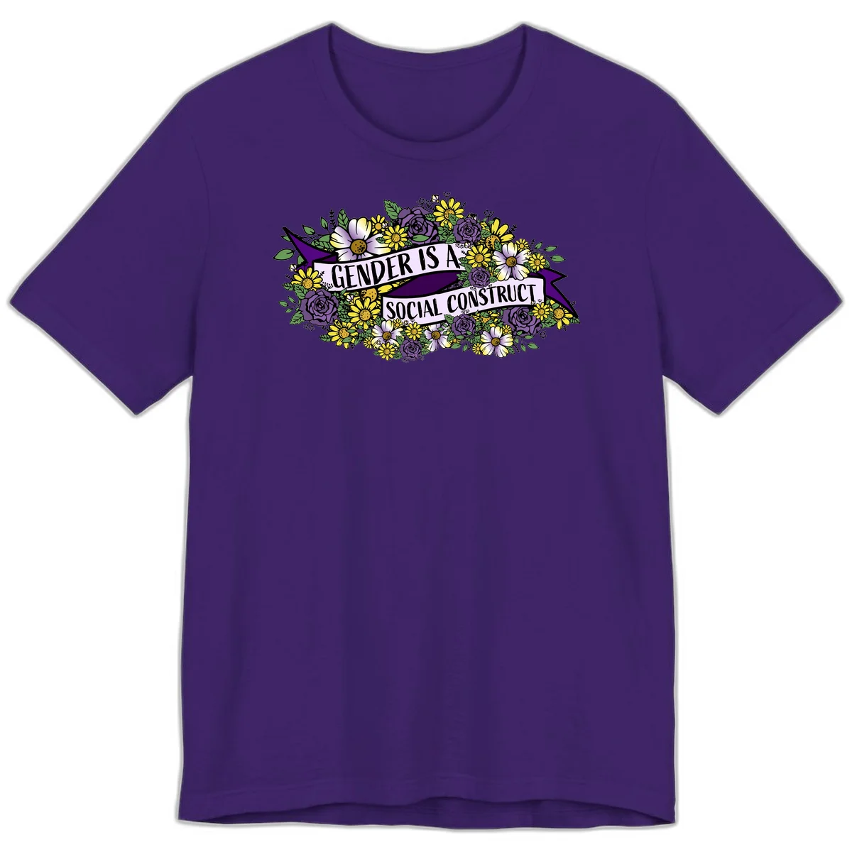 Colorful floral illustration with purple roses and yellow daisies surrounding a banner reading 'Gender Is A Social Construct' in bold text. in Team Purple