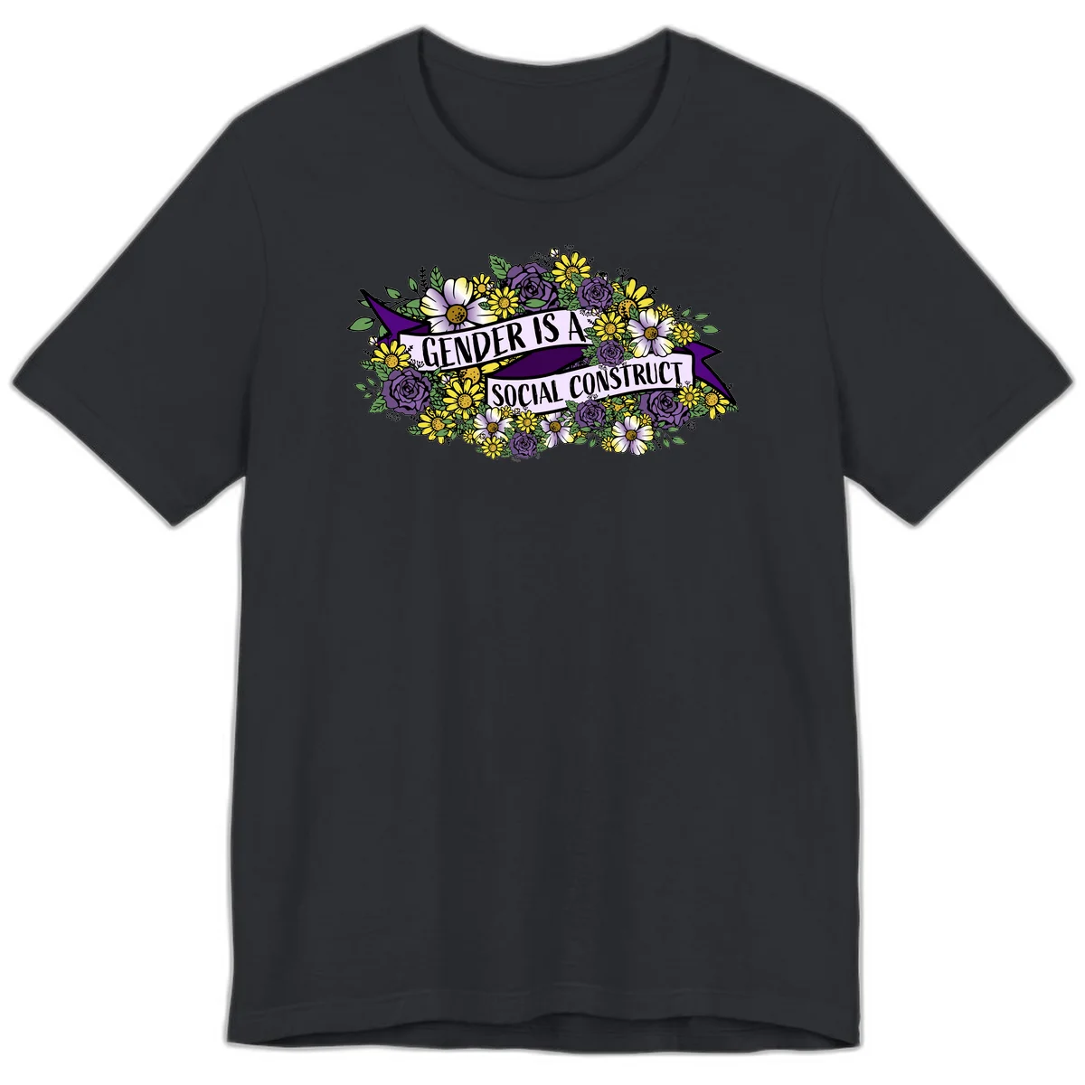 Colorful floral illustration with purple roses and yellow daisies surrounding a banner reading 'Gender Is A Social Construct' in bold text. in Vintage Black