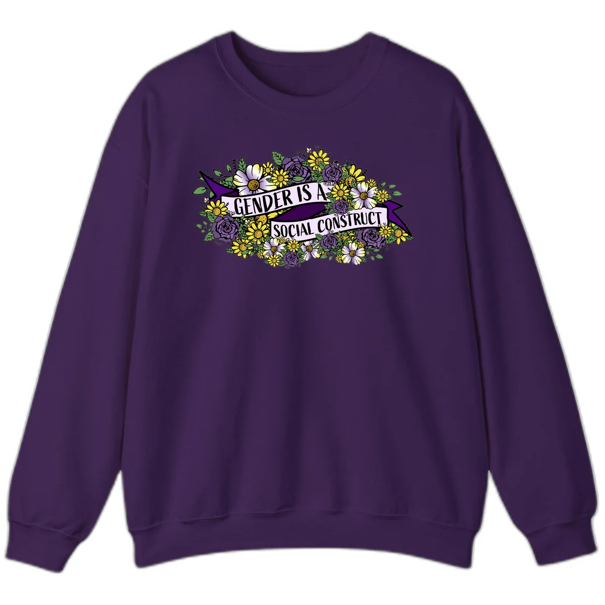 Colorful floral illustration with purple roses and yellow daisies surrounding a banner reading 'Gender Is A Social Construct' in bold text. in Purple