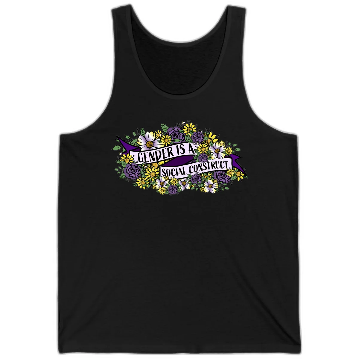 Colorful floral illustration with purple roses and yellow daisies surrounding a banner reading 'Gender Is A Social Construct' in bold text. in Black