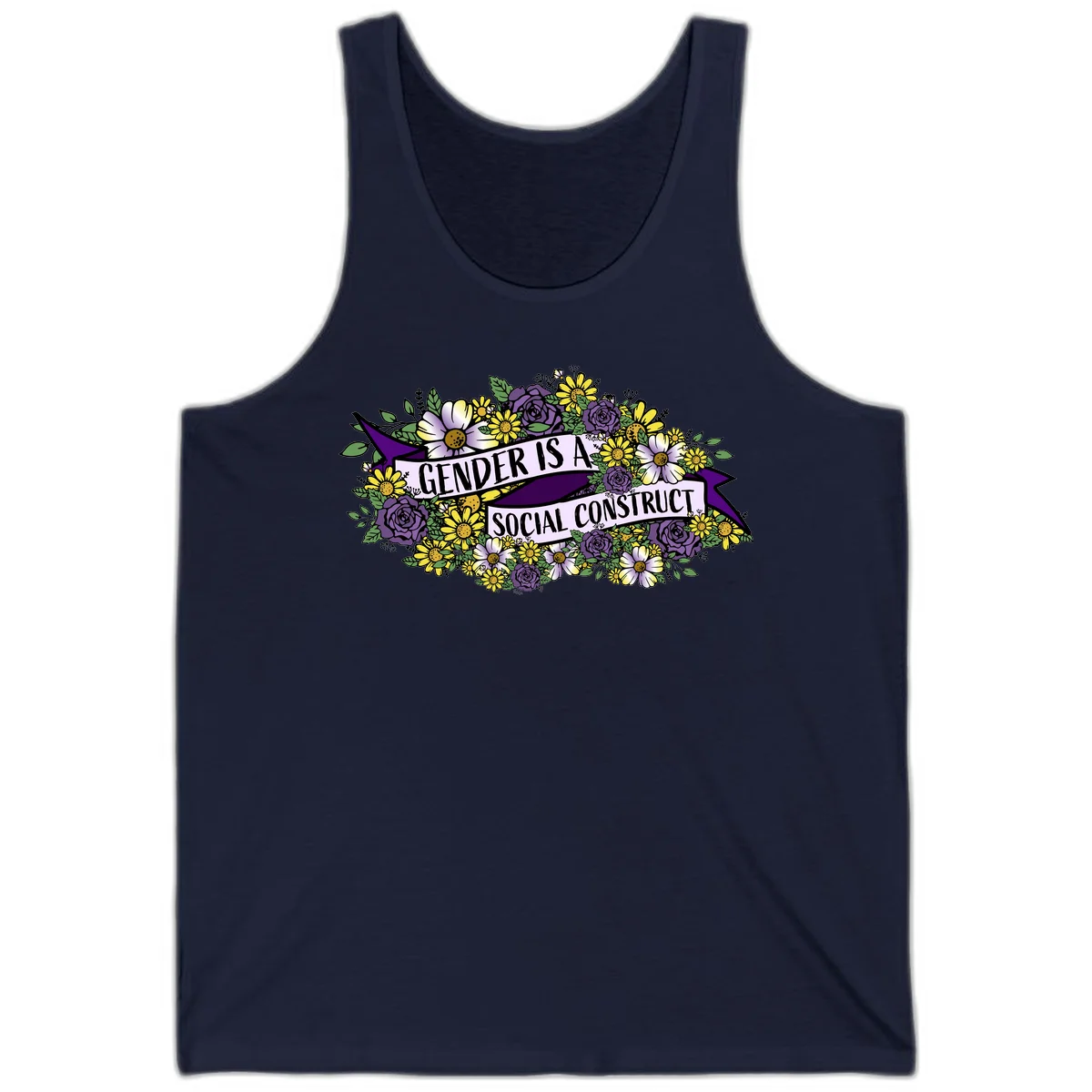Colorful floral illustration with purple roses and yellow daisies surrounding a banner reading 'Gender Is A Social Construct' in bold text. in Navy