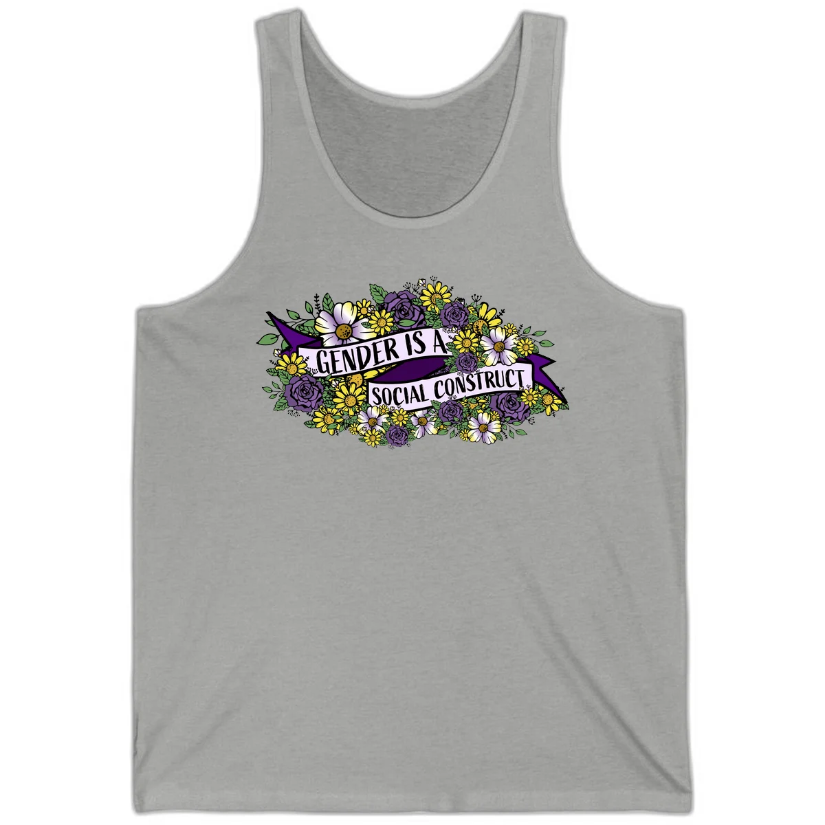 Colorful floral illustration with purple roses and yellow daisies surrounding a banner reading 'Gender Is A Social Construct' in bold text. in Athletic Heather
