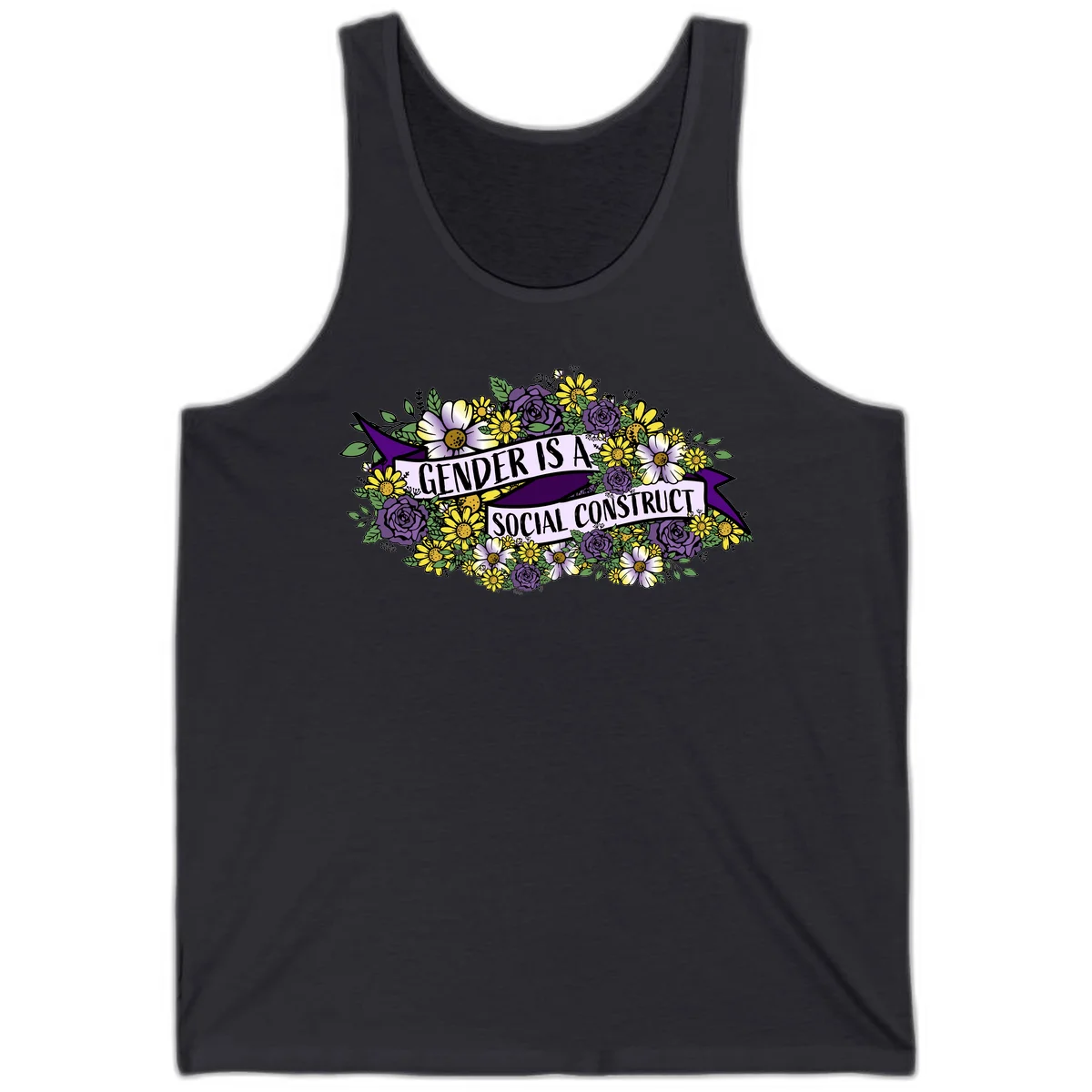 Colorful floral illustration with purple roses and yellow daisies surrounding a banner reading 'Gender Is A Social Construct' in bold text. in Dark Grey