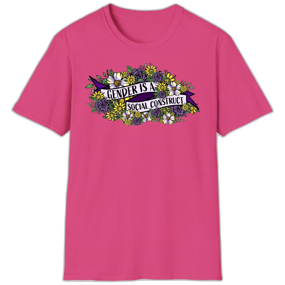 Colorful floral illustration with purple roses and yellow daisies surrounding a banner reading 'Gender Is A Social Construct' in bold text. in Heliconia