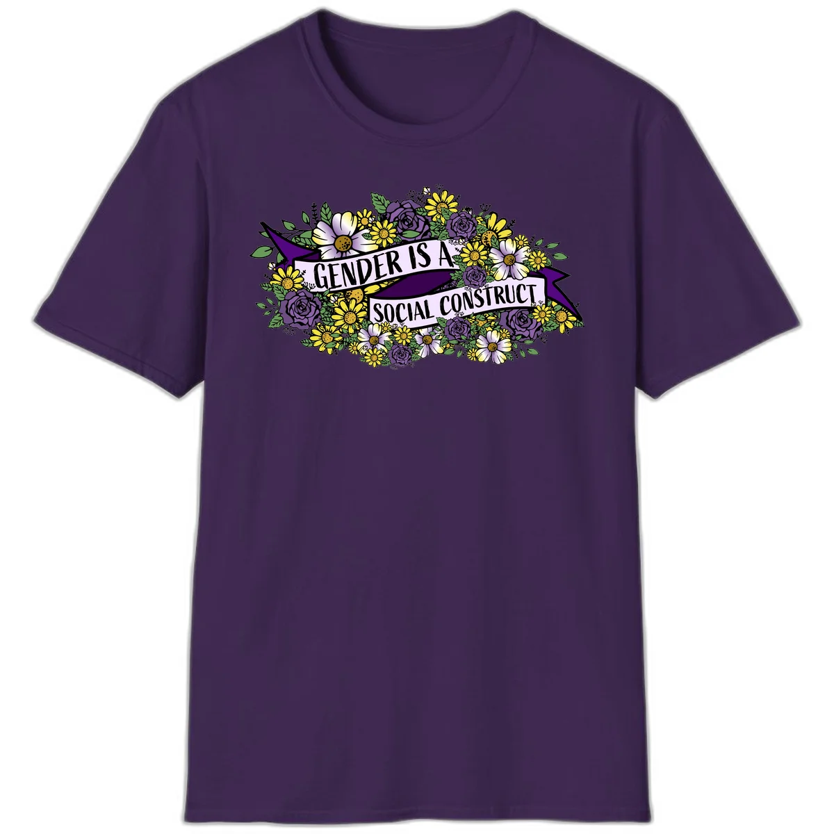 Colorful floral illustration with purple roses and yellow daisies surrounding a banner reading 'Gender Is A Social Construct' in bold text. in Purple