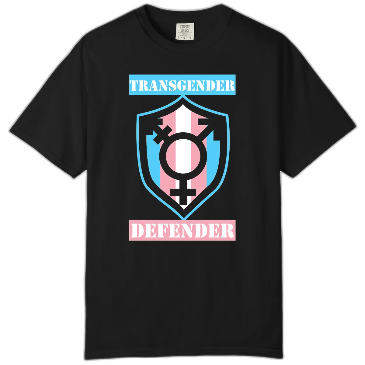 Transgender defender shield badge with centered symbol, protective arrows, and cyan-pink color scheme in Black
