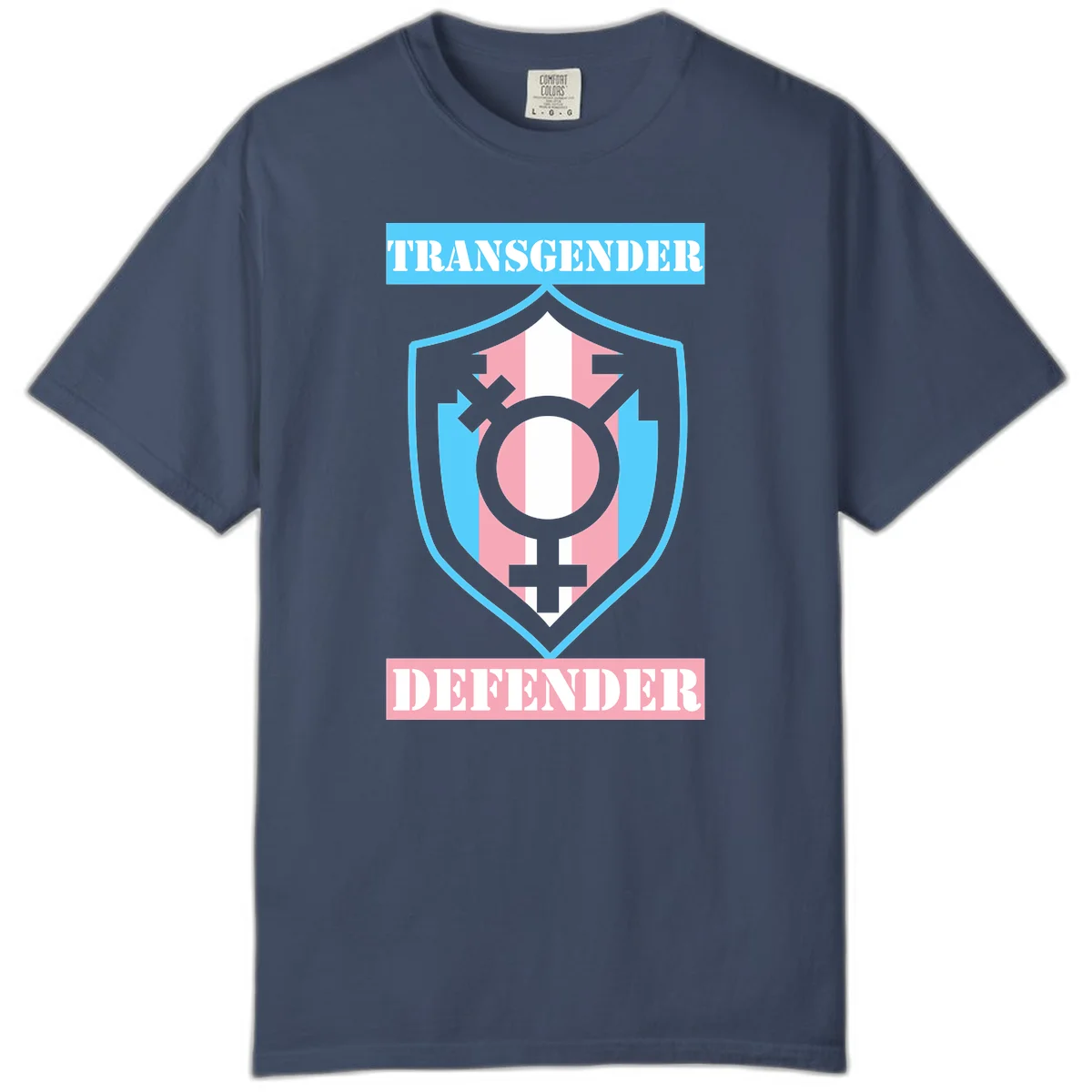 Transgender defender shield badge with centered symbol, protective arrows, and cyan-pink color scheme in Midnight