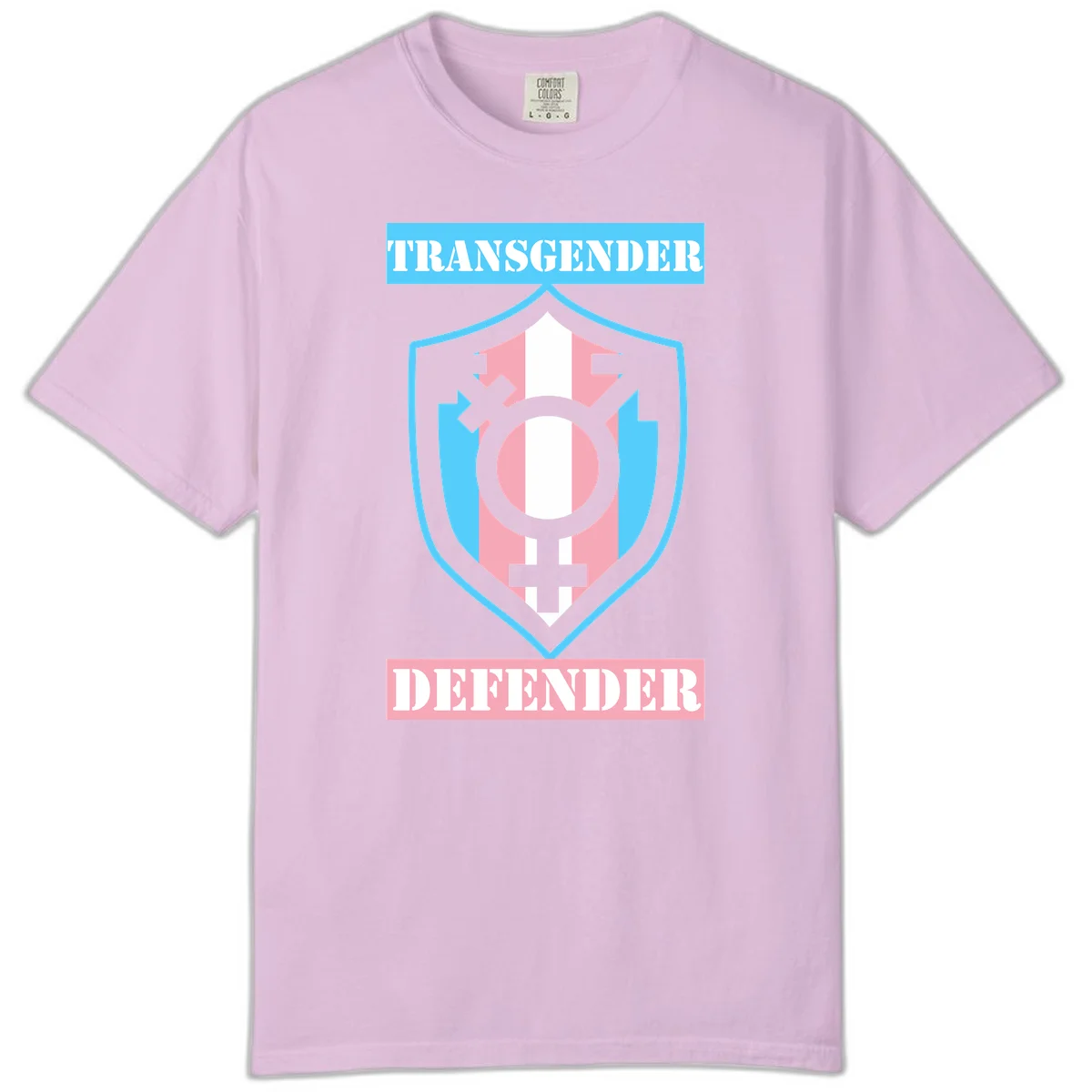 Transgender defender shield badge with centered symbol, protective arrows, and cyan-pink color scheme in Orchid