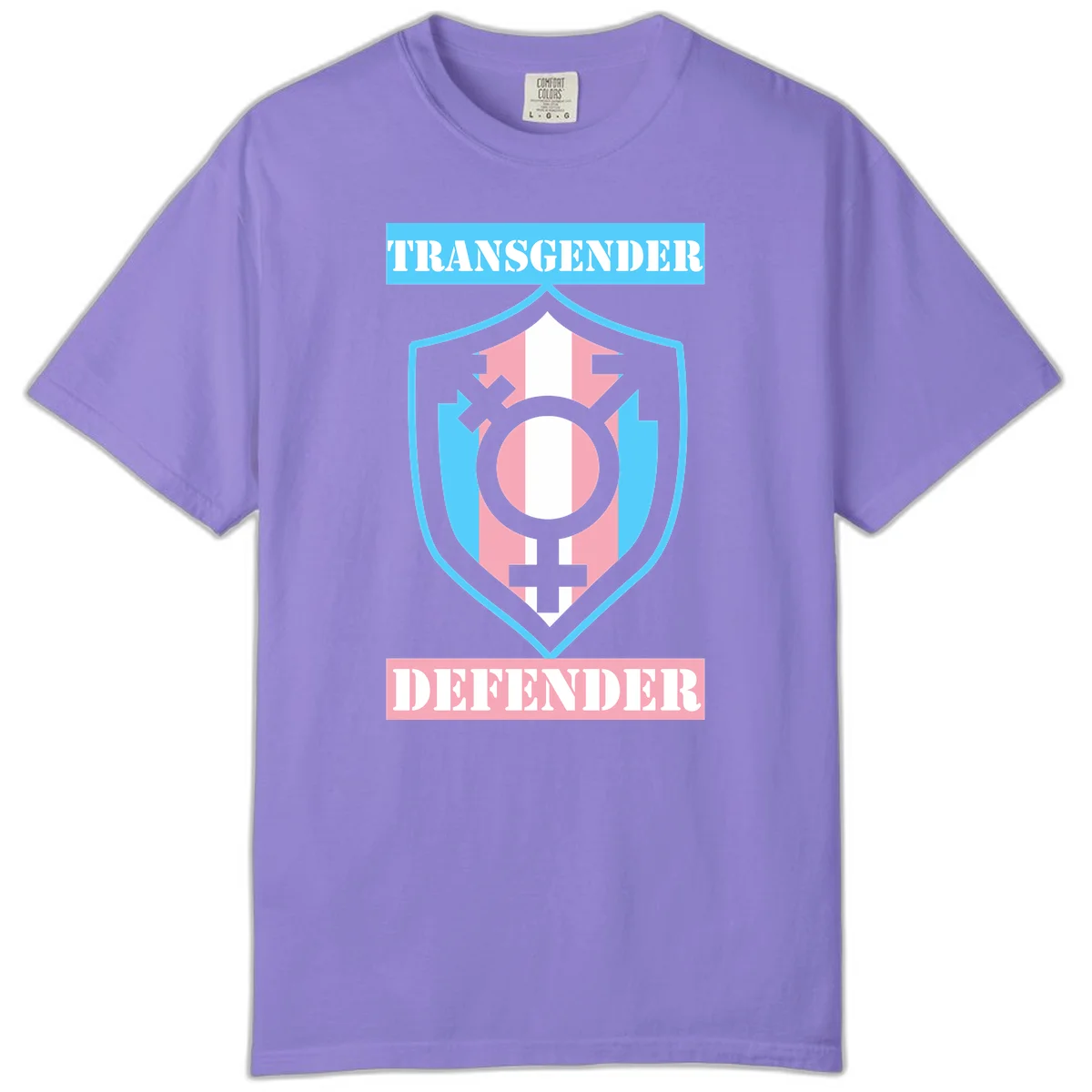 Transgender defender shield badge with centered symbol, protective arrows, and cyan-pink color scheme in Violet