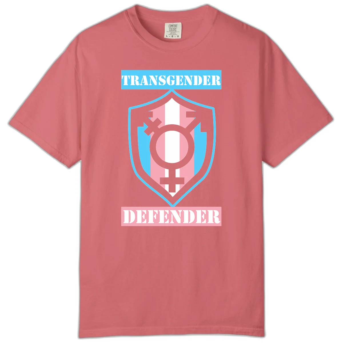 Transgender defender shield badge with centered symbol, protective arrows, and cyan-pink color scheme in Watermelon