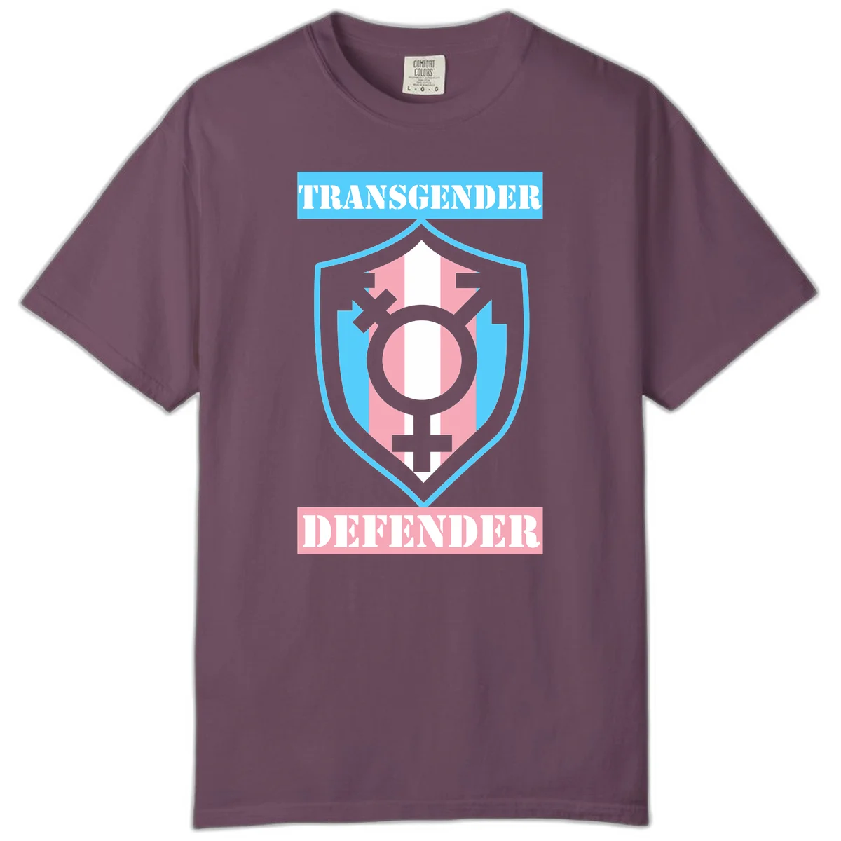 Transgender defender shield badge with centered symbol, protective arrows, and cyan-pink color scheme in Berry