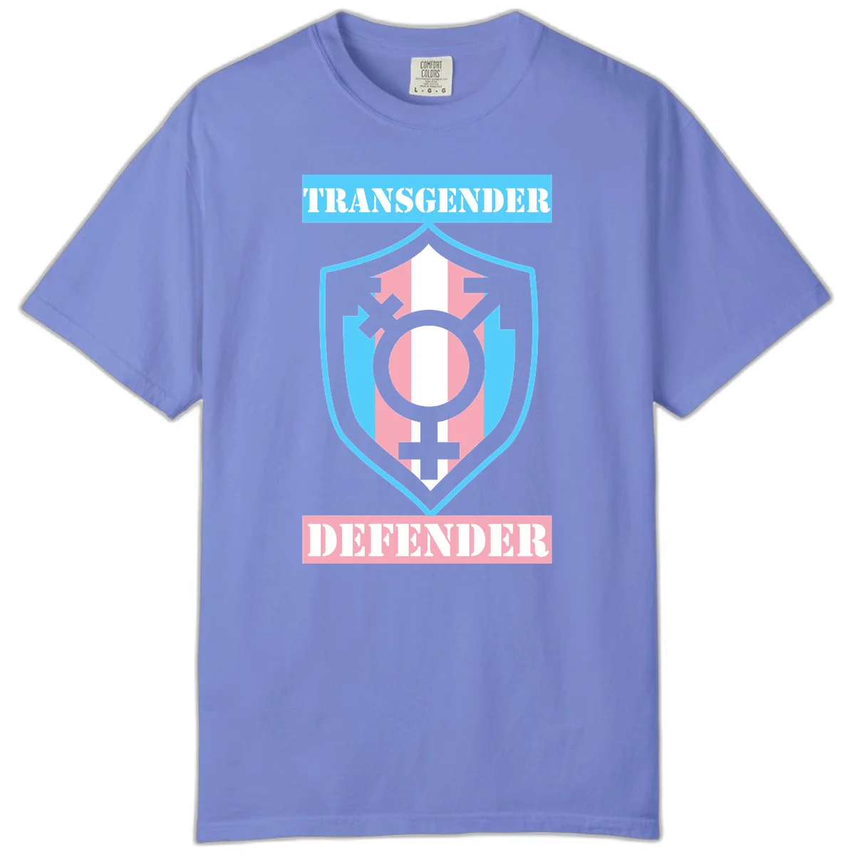 Transgender defender shield badge with centered symbol, protective arrows, and cyan-pink color scheme in Flo Blue