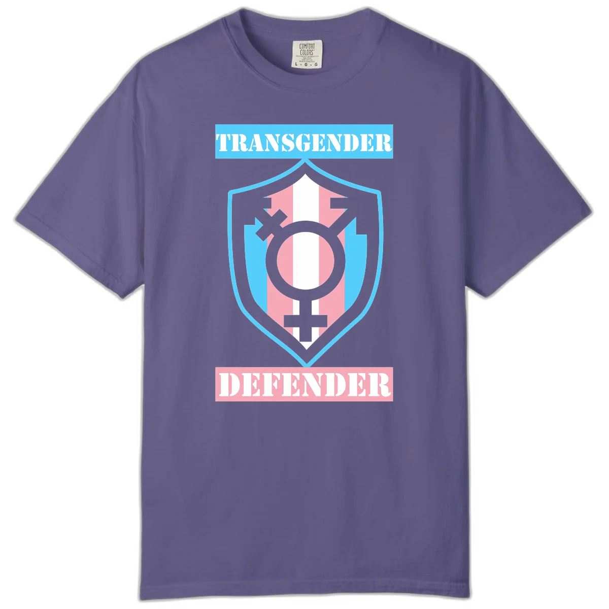 Transgender defender shield badge with centered symbol, protective arrows, and cyan-pink color scheme in Grape