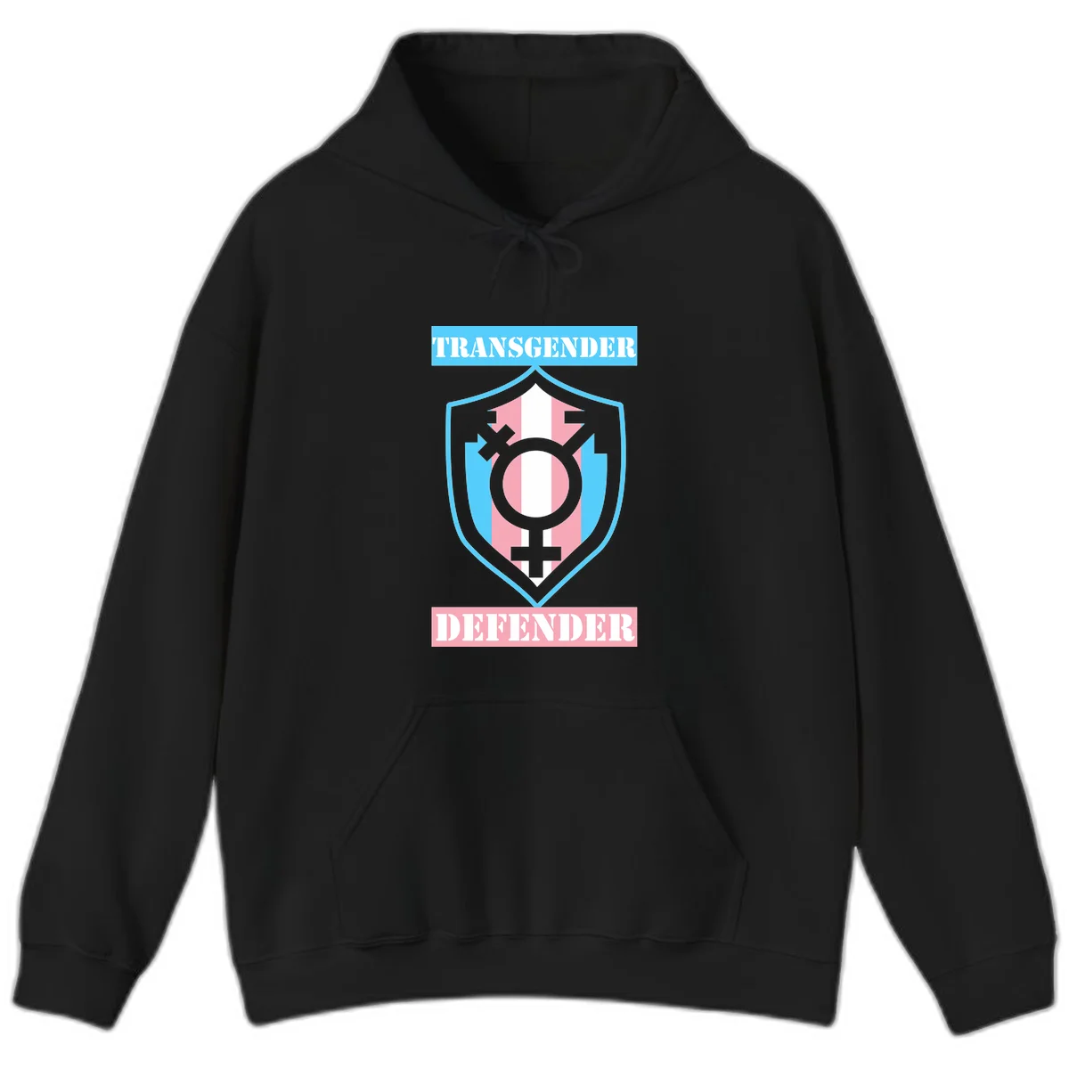 Transgender defender shield badge with centered symbol, protective arrows, and cyan-pink color scheme in Black