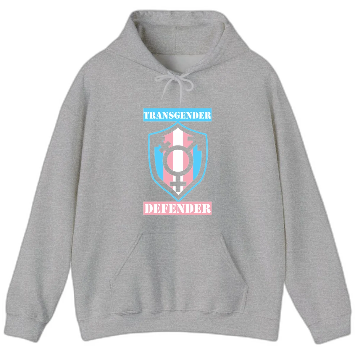 Transgender defender shield badge with centered symbol, protective arrows, and cyan-pink color scheme in Sport Grey