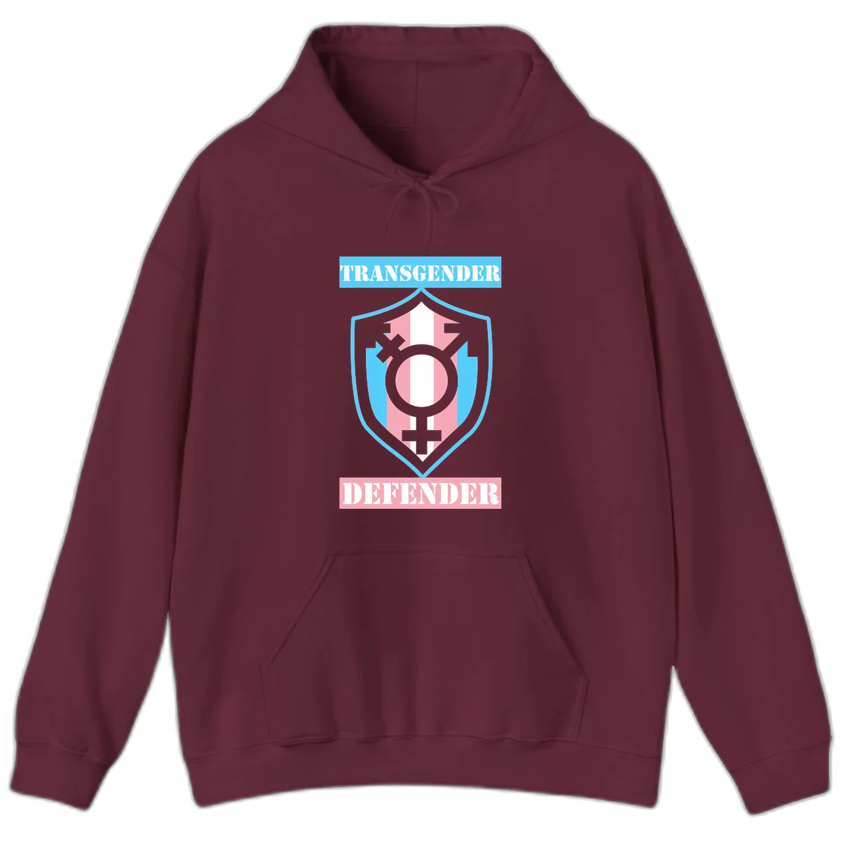 Transgender defender shield badge with centered symbol, protective arrows, and cyan-pink color scheme in Maroon