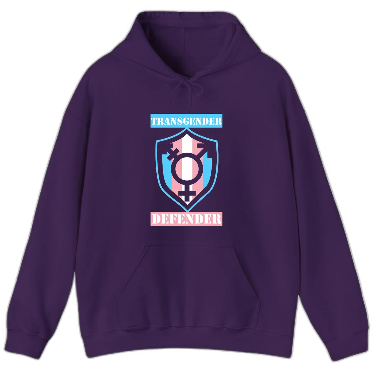 Transgender defender shield badge with centered symbol, protective arrows, and cyan-pink color scheme in Purple