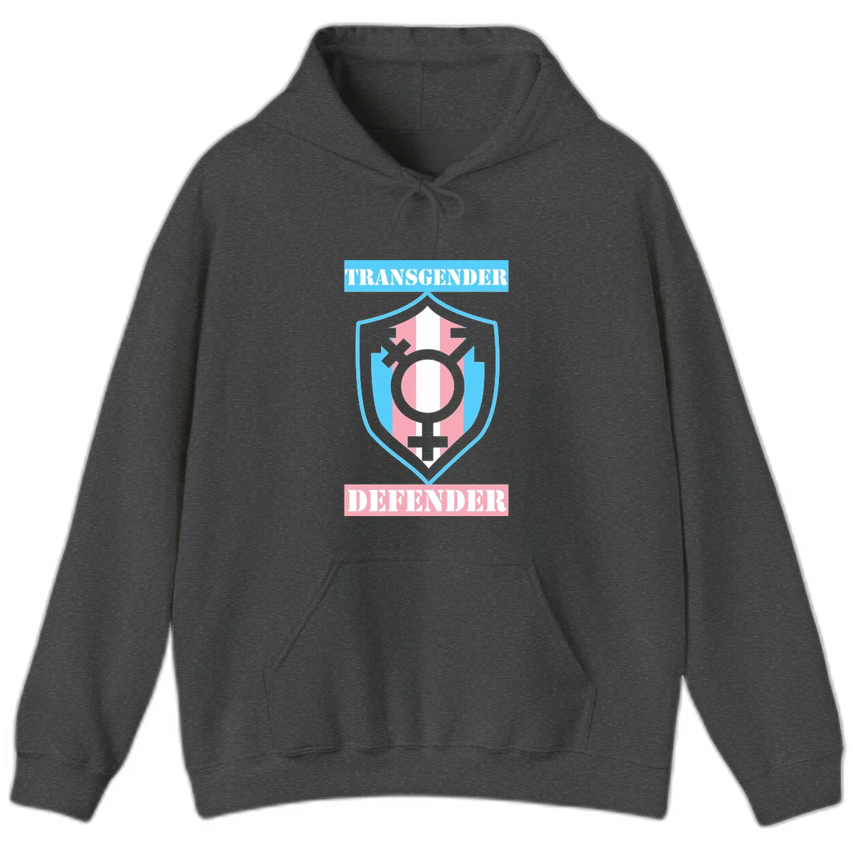 Transgender defender shield badge with centered symbol, protective arrows, and cyan-pink color scheme in Dark Heather