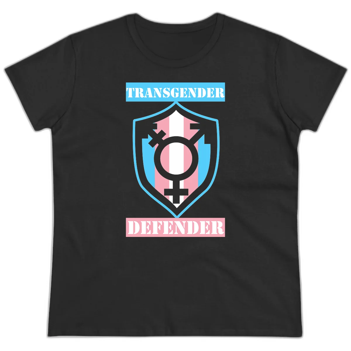 Transgender defender shield badge with centered symbol, protective arrows, and cyan-pink color scheme in Black