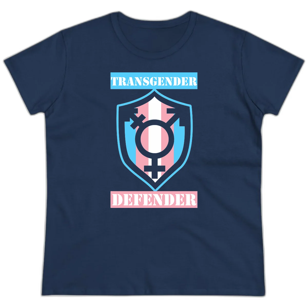 Transgender defender shield badge with centered symbol, protective arrows, and cyan-pink color scheme in Navy