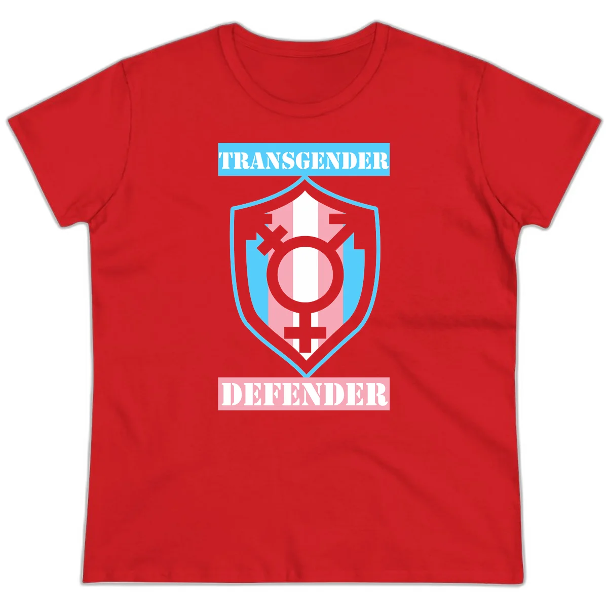 Transgender defender shield badge with centered symbol, protective arrows, and cyan-pink color scheme in Red