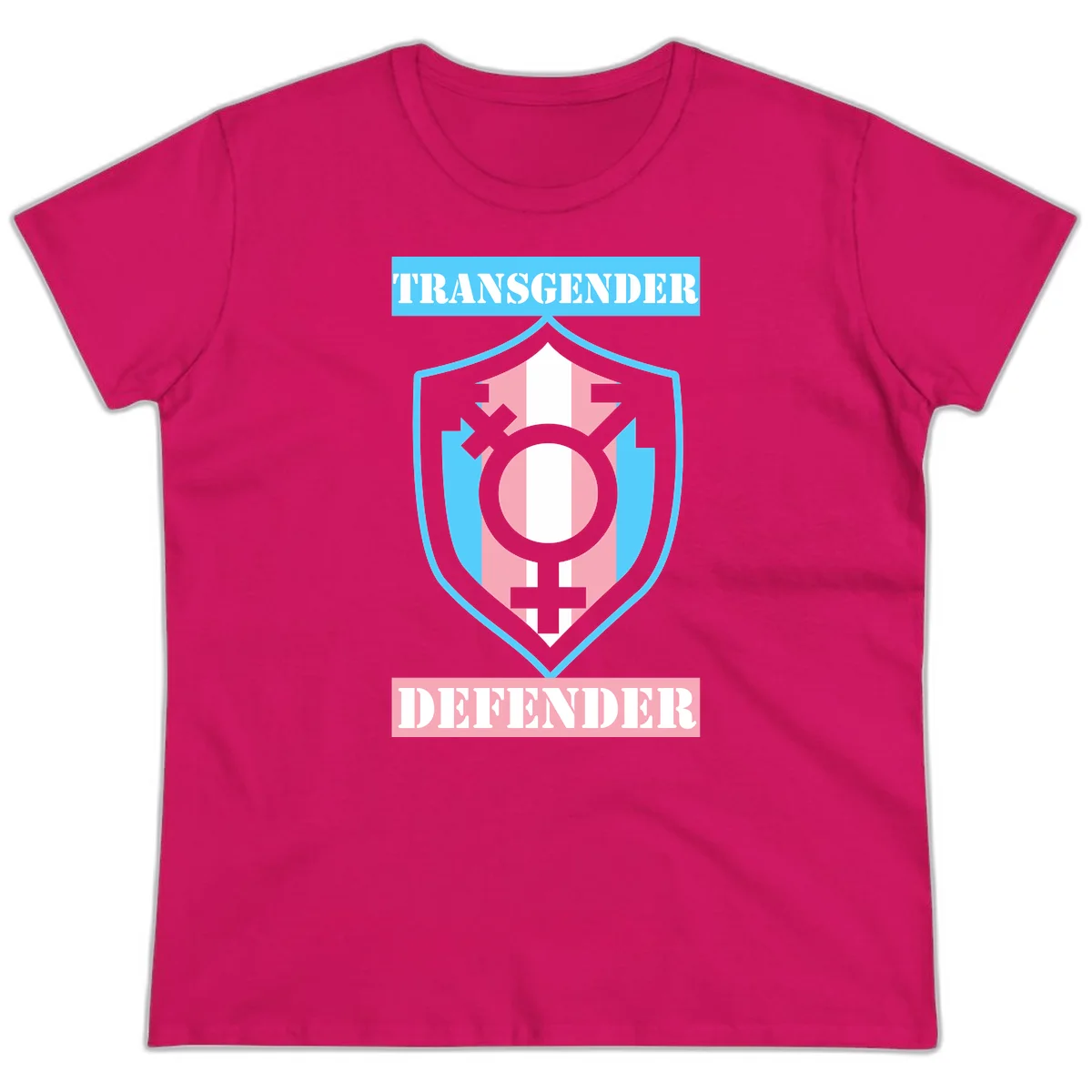 Transgender defender shield badge with centered symbol, protective arrows, and cyan-pink color scheme in Heliconia