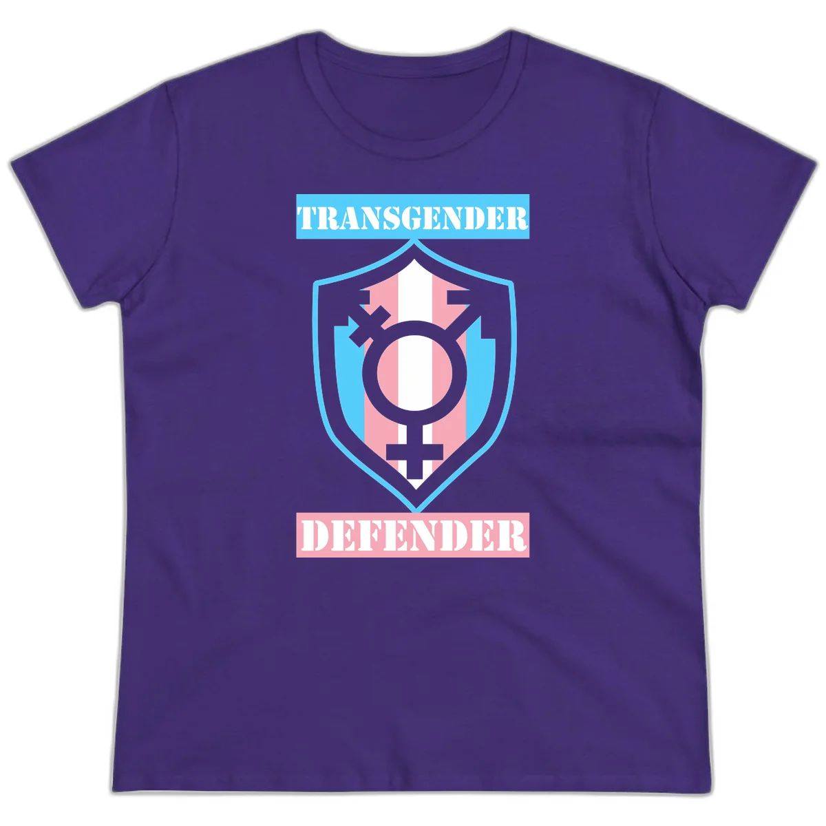 Transgender defender shield badge with centered symbol, protective arrows, and cyan-pink color scheme in Purple