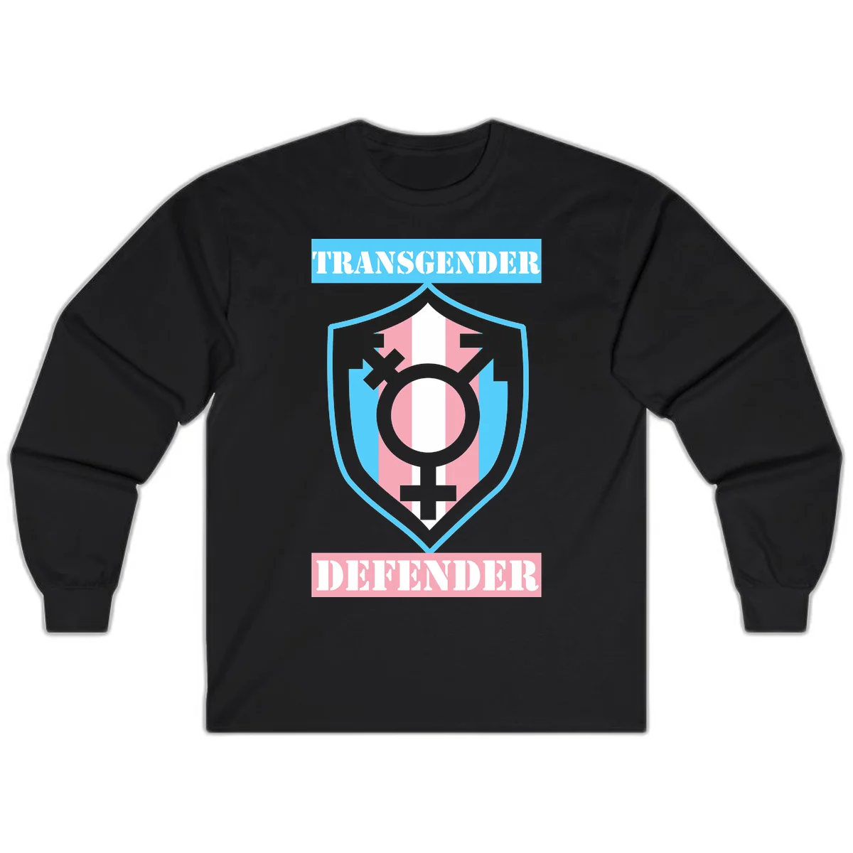 Transgender defender shield badge with centered symbol, protective arrows, and cyan-pink color scheme in Black