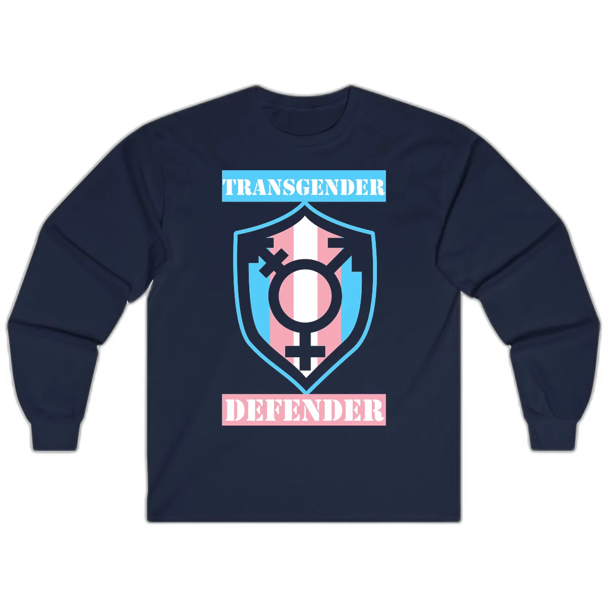 Transgender defender shield badge with centered symbol, protective arrows, and cyan-pink color scheme in Navy