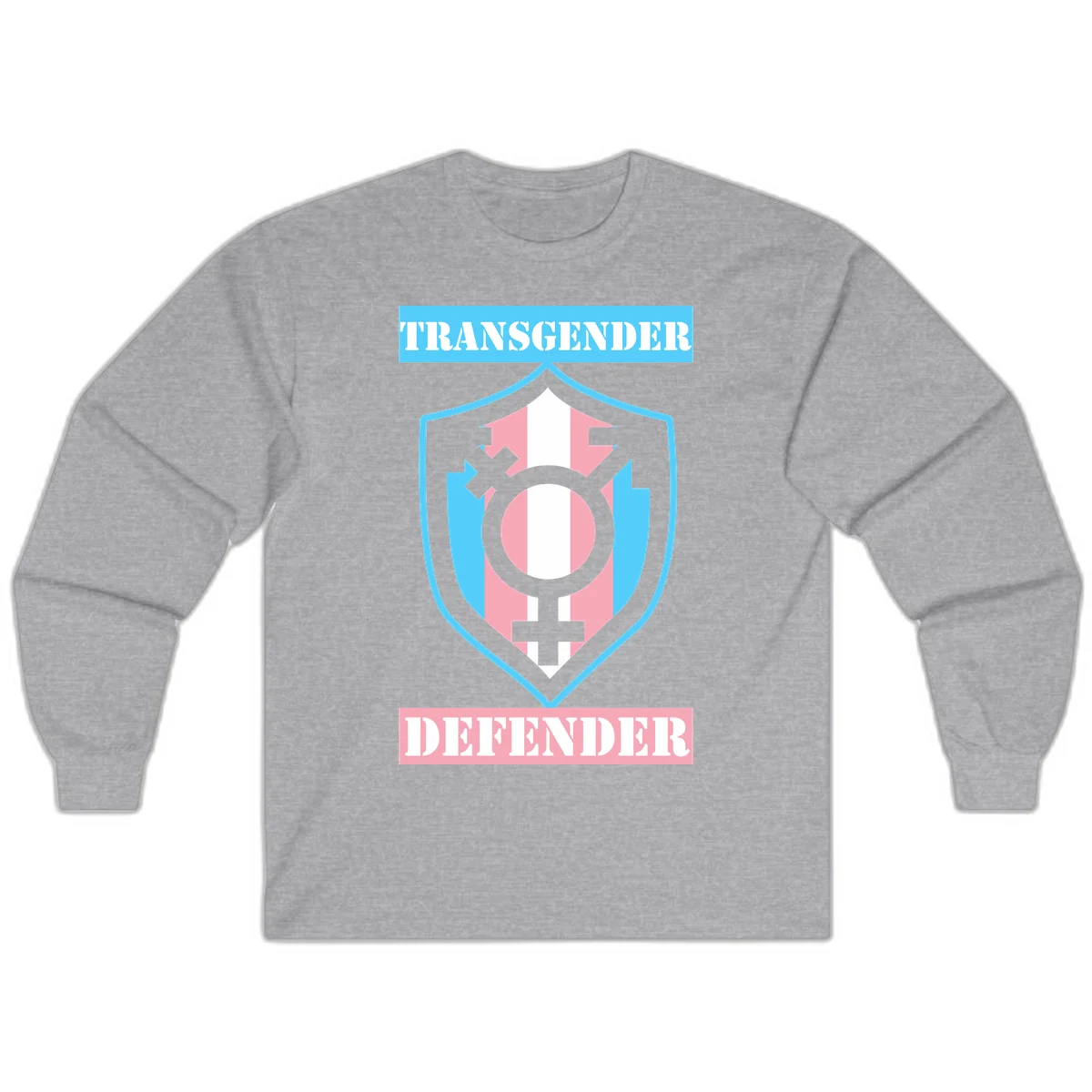 Transgender defender shield badge with centered symbol, protective arrows, and cyan-pink color scheme in Sport Grey