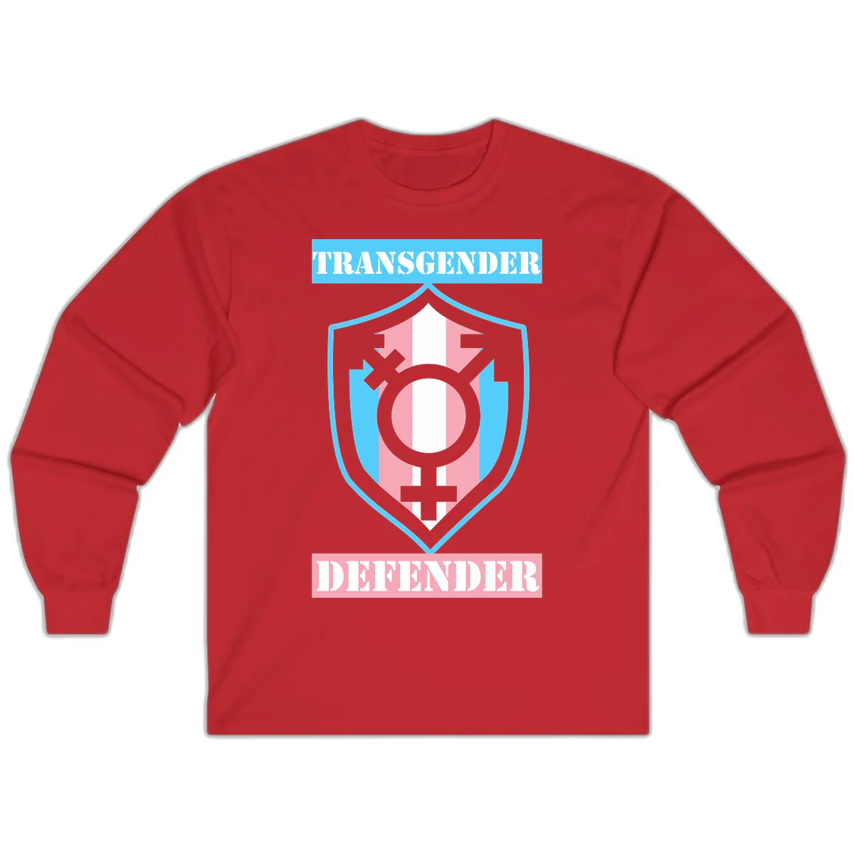 Transgender defender shield badge with centered symbol, protective arrows, and cyan-pink color scheme in Red
