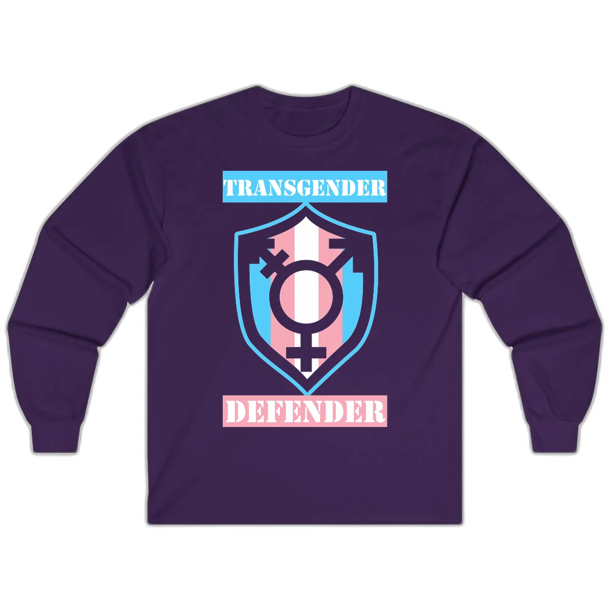 Transgender defender shield badge with centered symbol, protective arrows, and cyan-pink color scheme in Purple