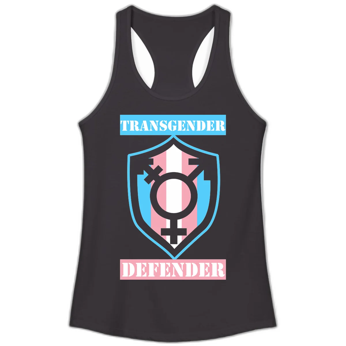 Transgender defender shield badge with centered symbol, protective arrows, and cyan-pink color scheme in Black