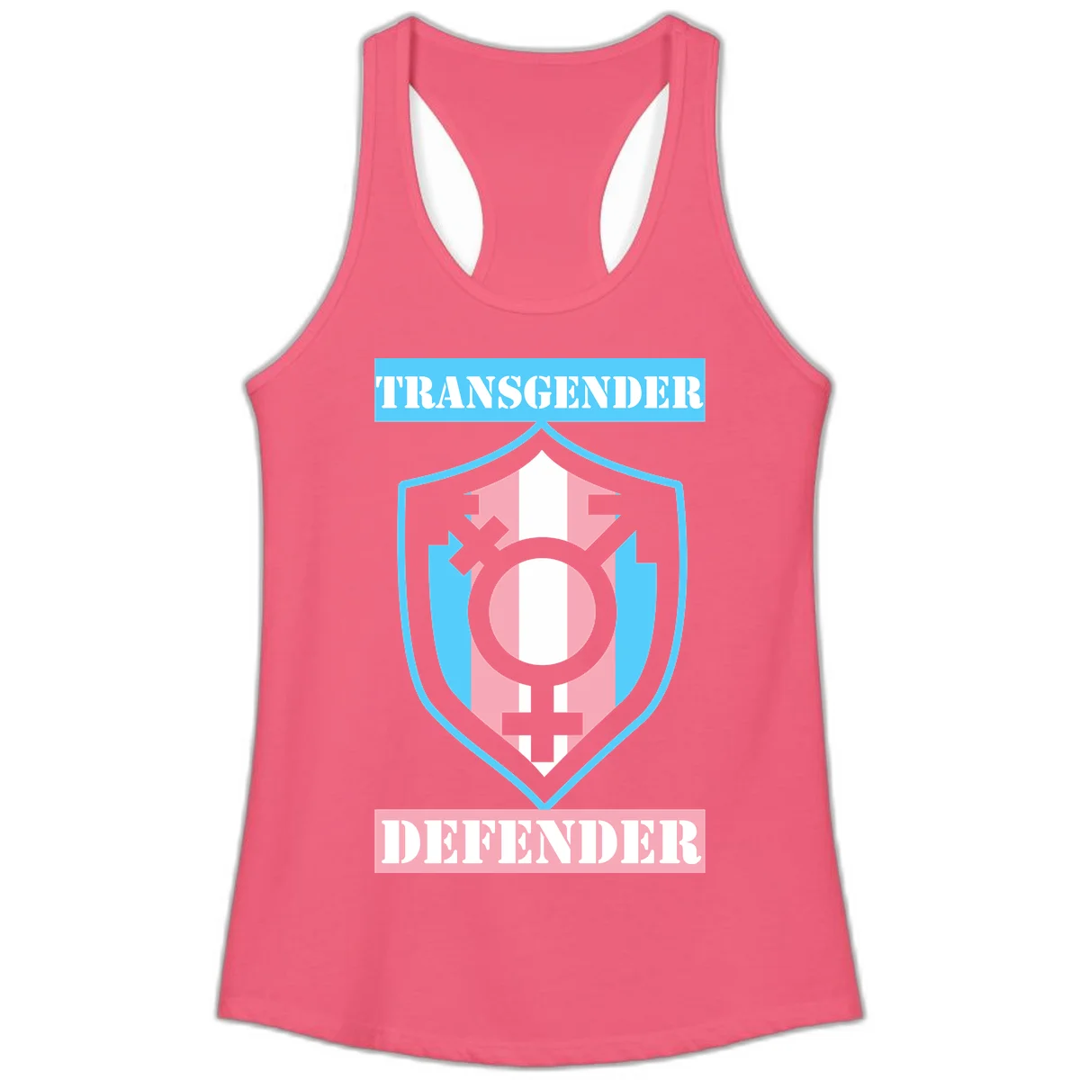 Transgender defender shield badge with centered symbol, protective arrows, and cyan-pink color scheme in Hot Pink
