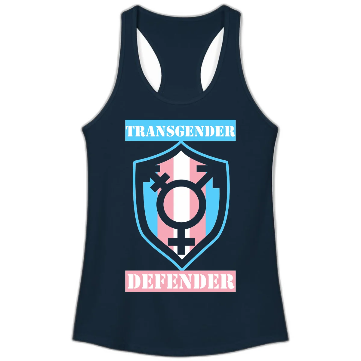Transgender defender shield badge with centered symbol, protective arrows, and cyan-pink color scheme in Solid Midnight Navy