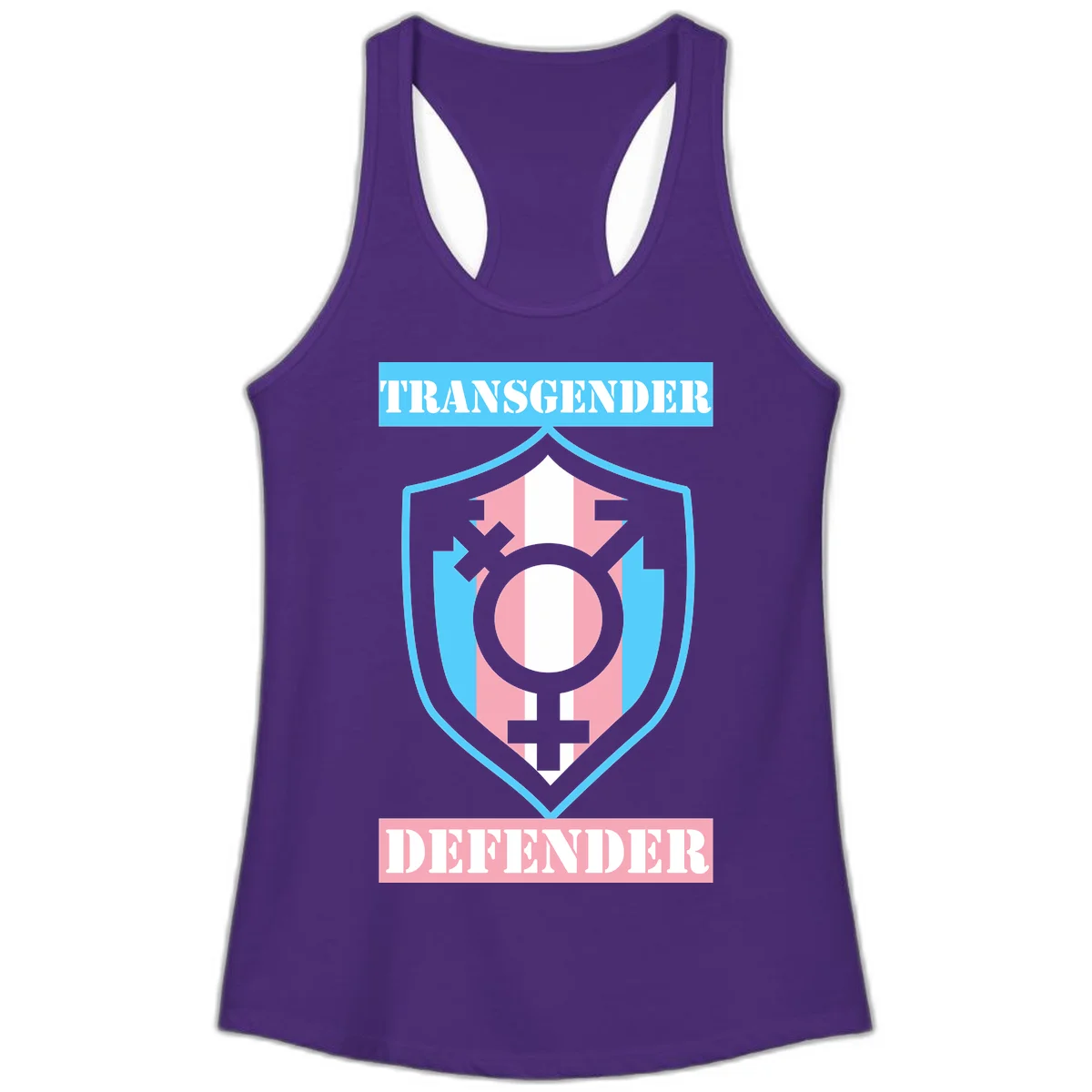 Transgender defender shield badge with centered symbol, protective arrows, and cyan-pink color scheme in Solid Purple Rush