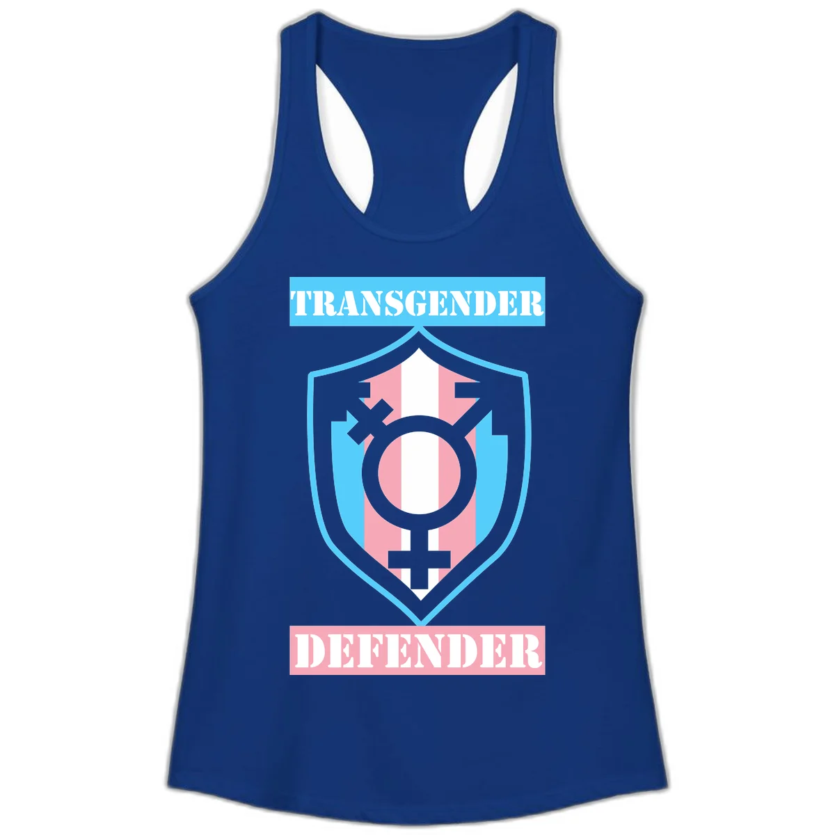 Transgender defender shield badge with centered symbol, protective arrows, and cyan-pink color scheme in Solid Royal