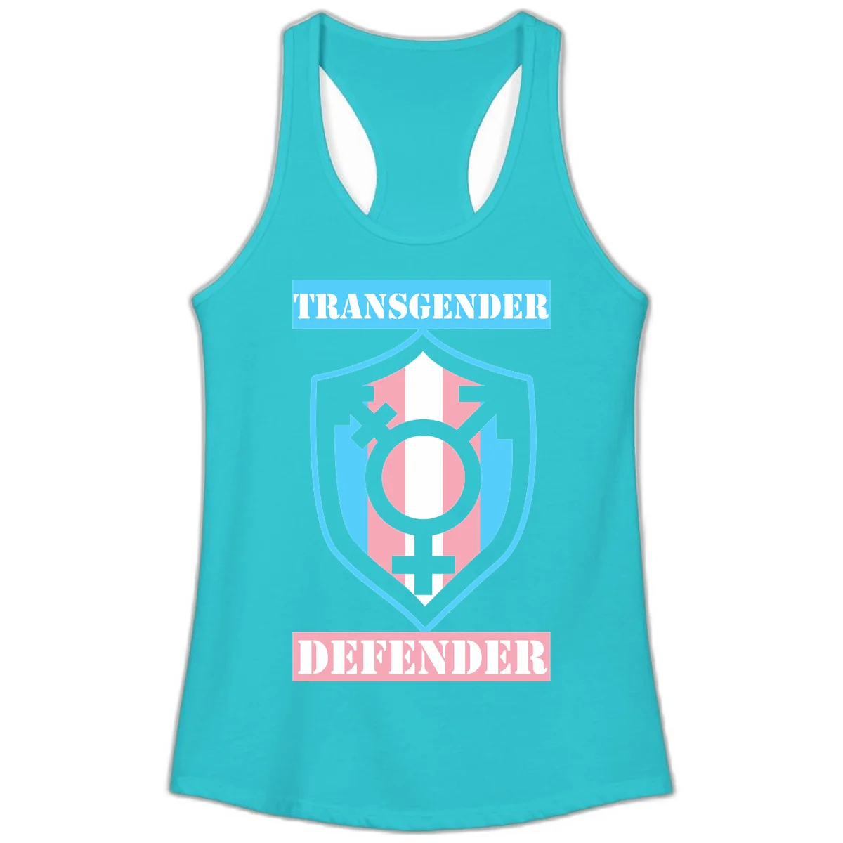 Transgender defender shield badge with centered symbol, protective arrows, and cyan-pink color scheme in Solid Tahiti Blue