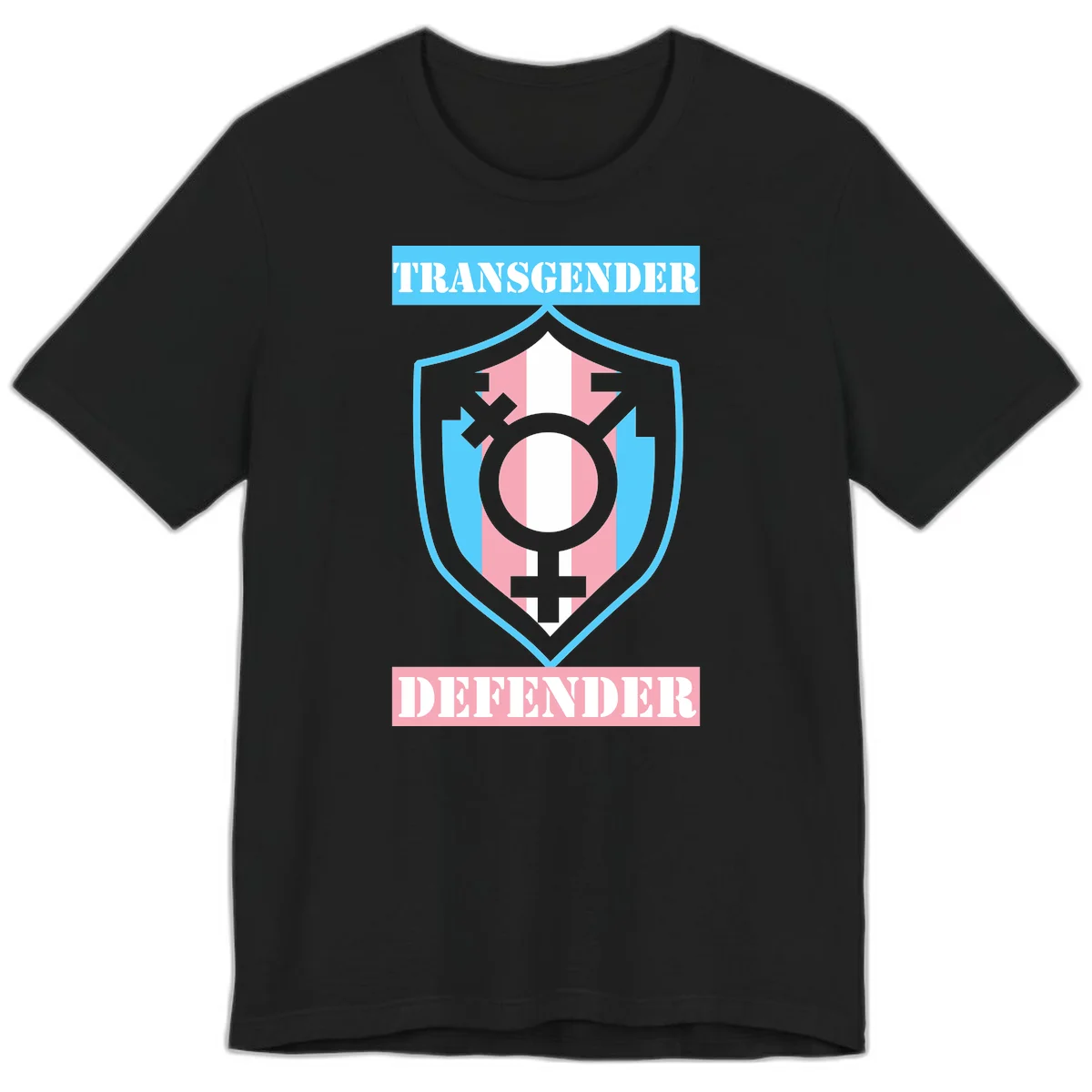 Transgender defender shield badge with centered symbol, protective arrows, and cyan-pink color scheme in Black