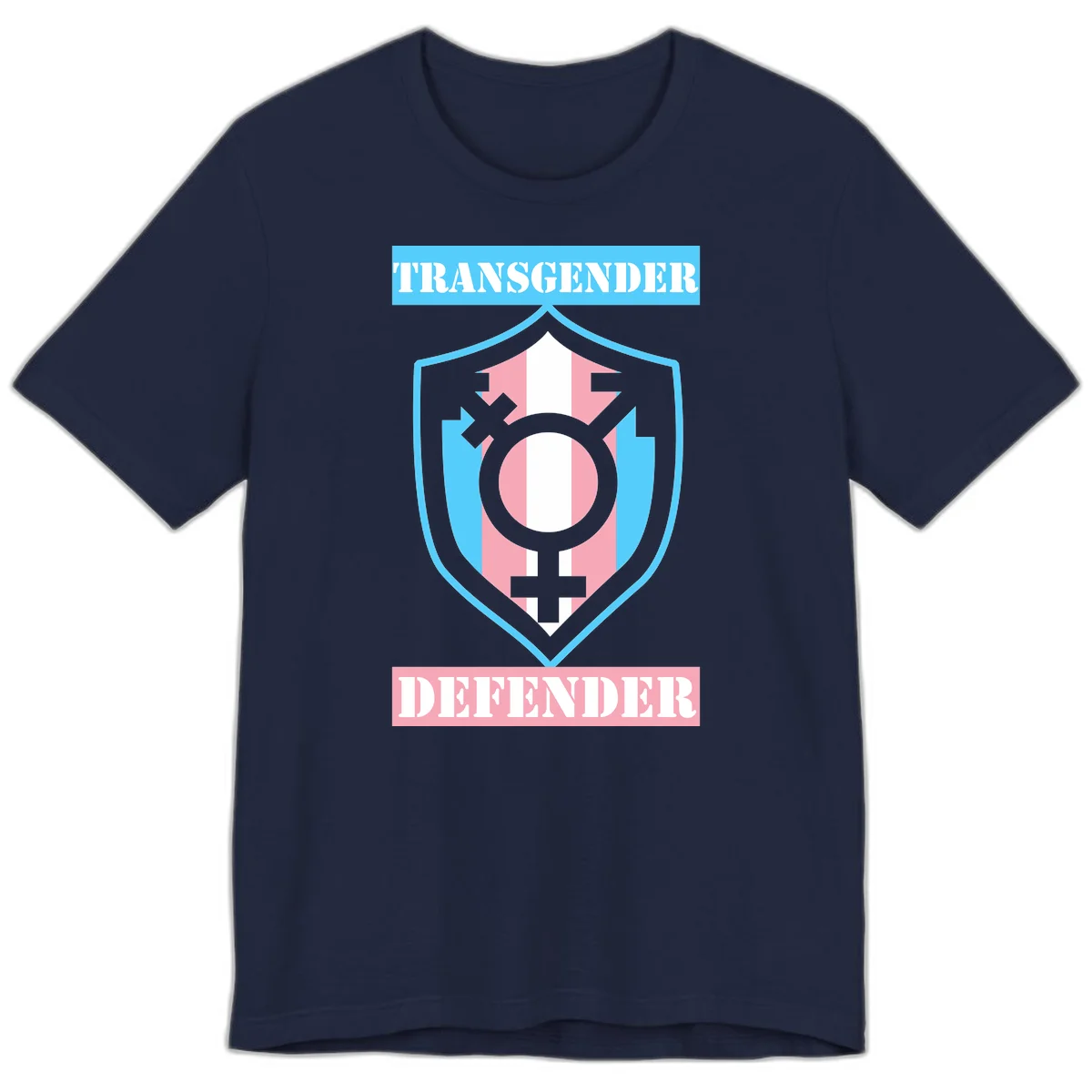 Transgender defender shield badge with centered symbol, protective arrows, and cyan-pink color scheme in Navy