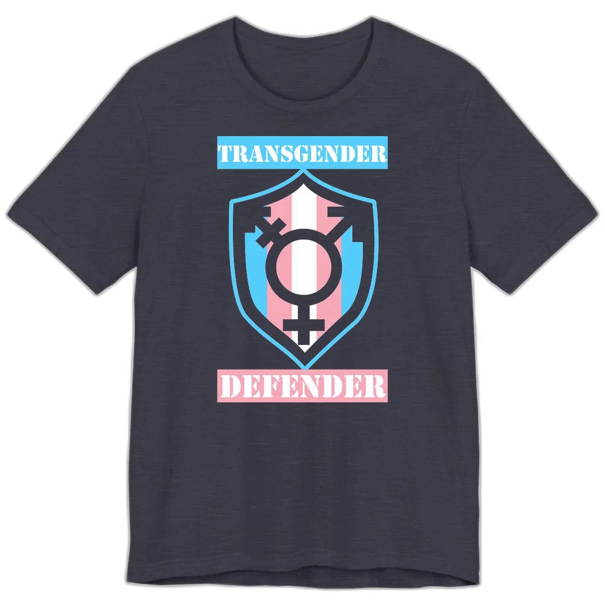 Transgender defender shield badge with centered symbol, protective arrows, and cyan-pink color scheme in Heather Midnight Navy