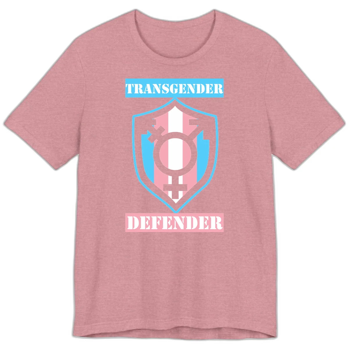 Transgender defender shield badge with centered symbol, protective arrows, and cyan-pink color scheme in Heather Orchid