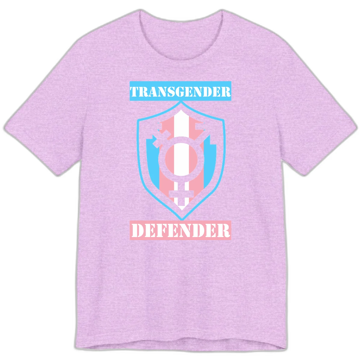 Transgender defender shield badge with centered symbol, protective arrows, and cyan-pink color scheme in Heather Prism Lilac