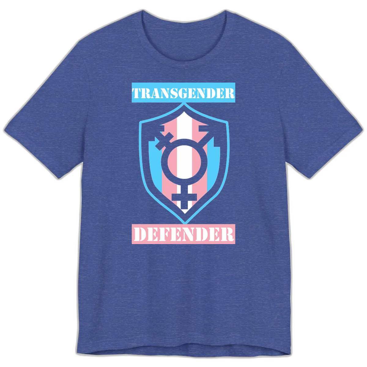 Transgender defender shield badge with centered symbol, protective arrows, and cyan-pink color scheme in Heather True Royal